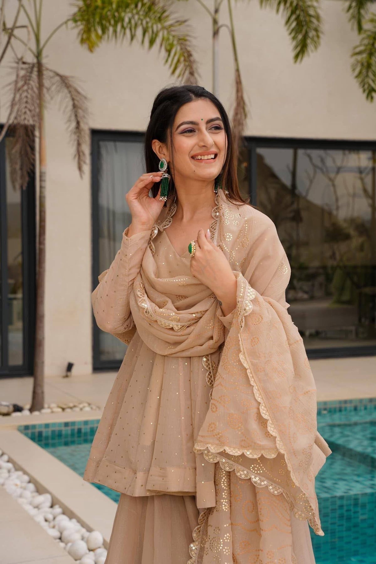Women's Organza Mukaish Work Sharara Suit Set with Dupatta