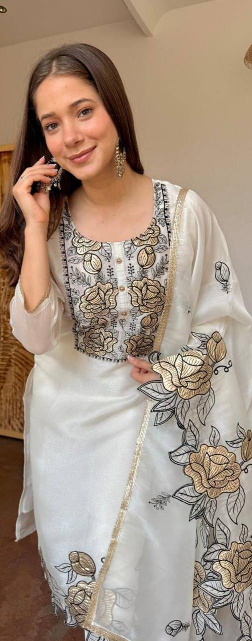 Jimmy Choo Embroidered Cut Work Kurta Pant Dupatta Set for Women