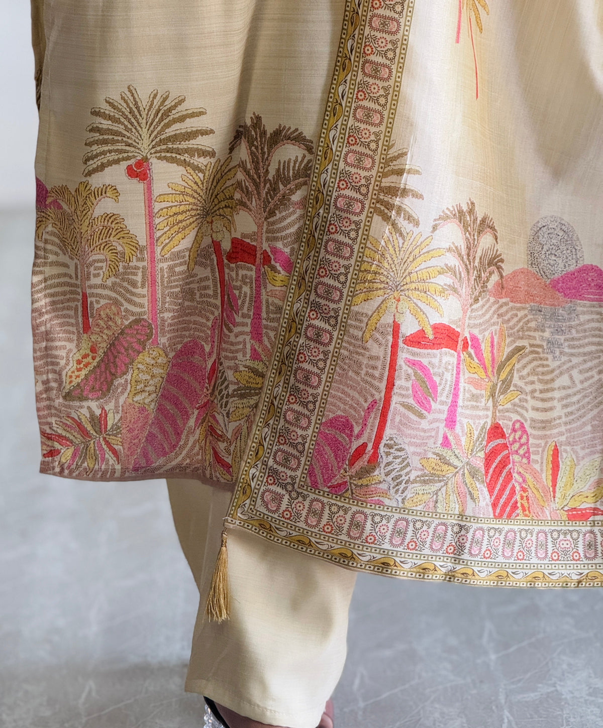 Ivory Assam Silk Embroidered Kurta with Pant & Dupatta Set for Women