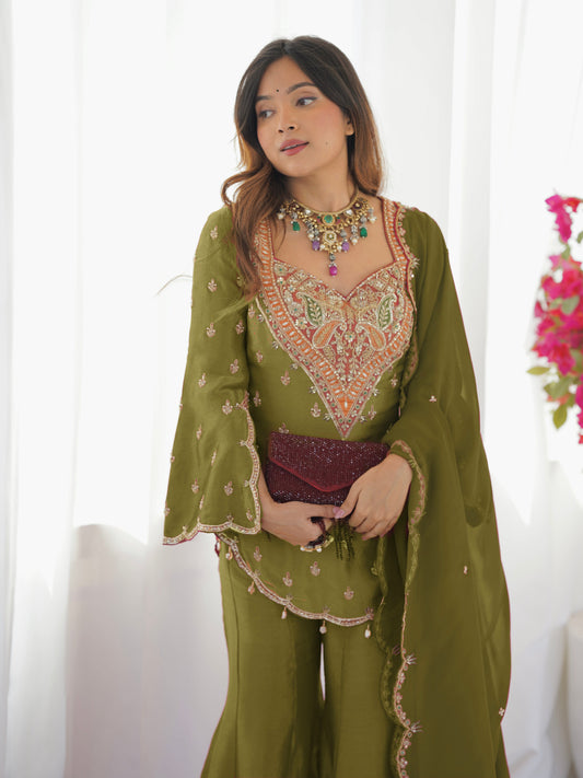 Designer Simar Silk Embroidered Sharara Set with Dupatta for Women