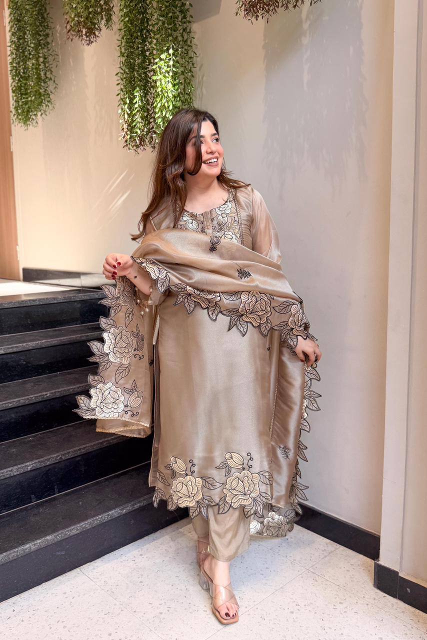 Beige Jimmy Choo Embroidered Cut Work Kurta With Pant & Dupatta Set