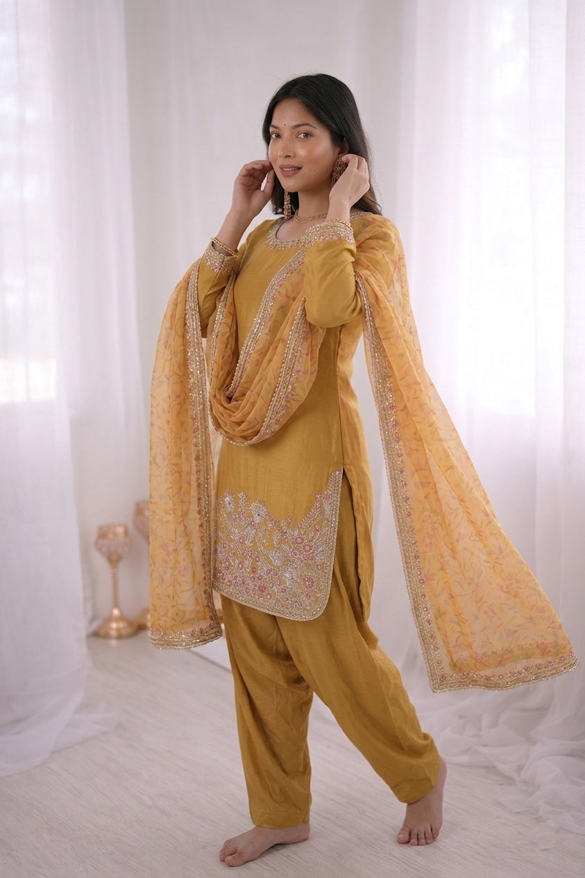 Women's French Crepe Silk Farshi Suit Set with Digital Print Dupatta