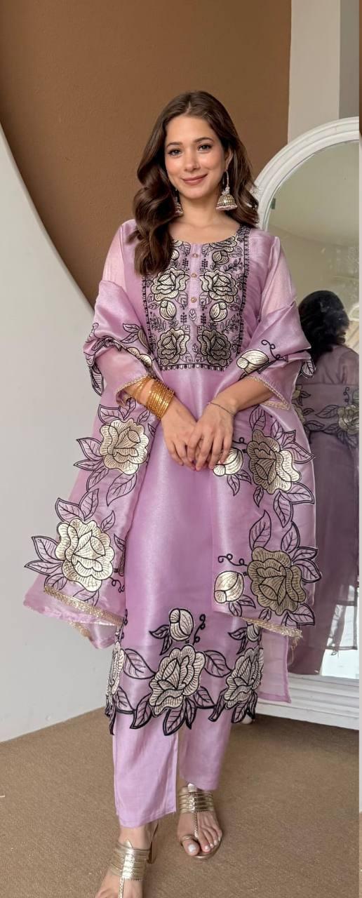 Rose Jimmy Choo Embroidered Cut Work Kurta Pant Dupatta Set for Women