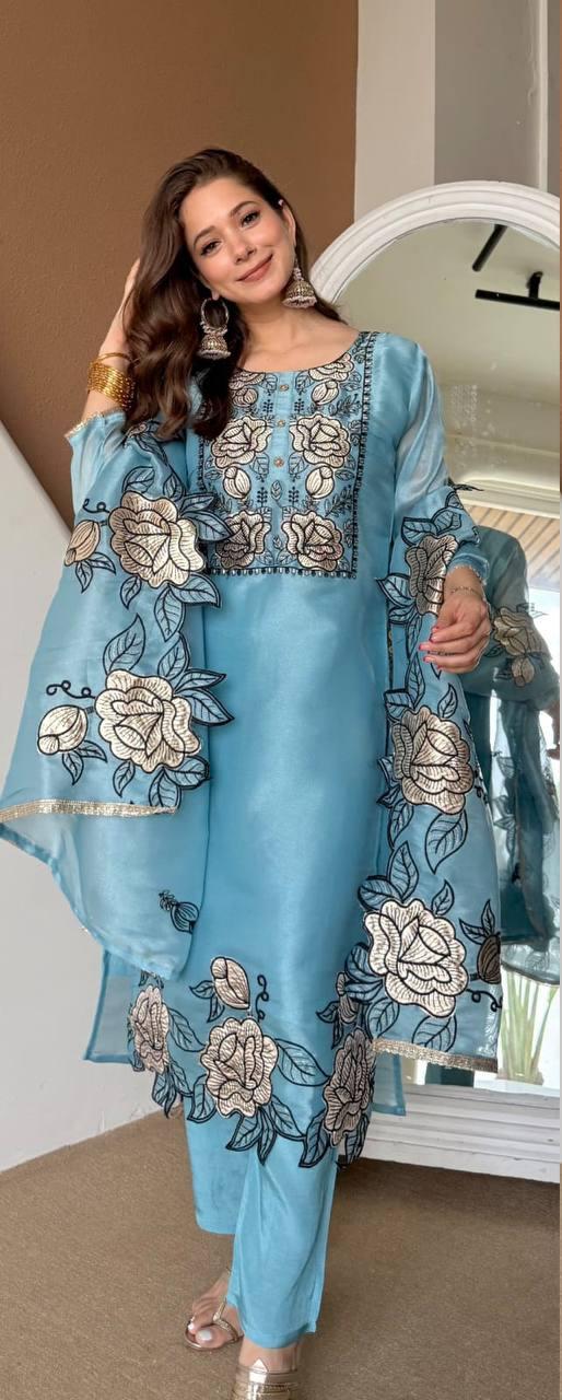 Jimmy Choo Embroidered Cut Work Kurta Pant Dupatta Set for Women