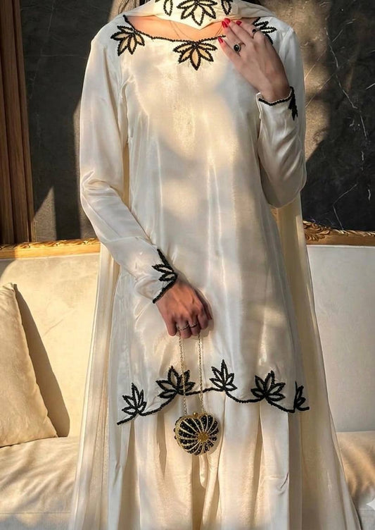 Crepe Embroidered Kurta with Farsi Salwar & Dupatta Set for Women