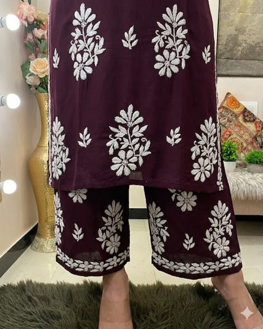 Rayon Cotton Chikankari Embroidered Kurta Palazzo Set for Women