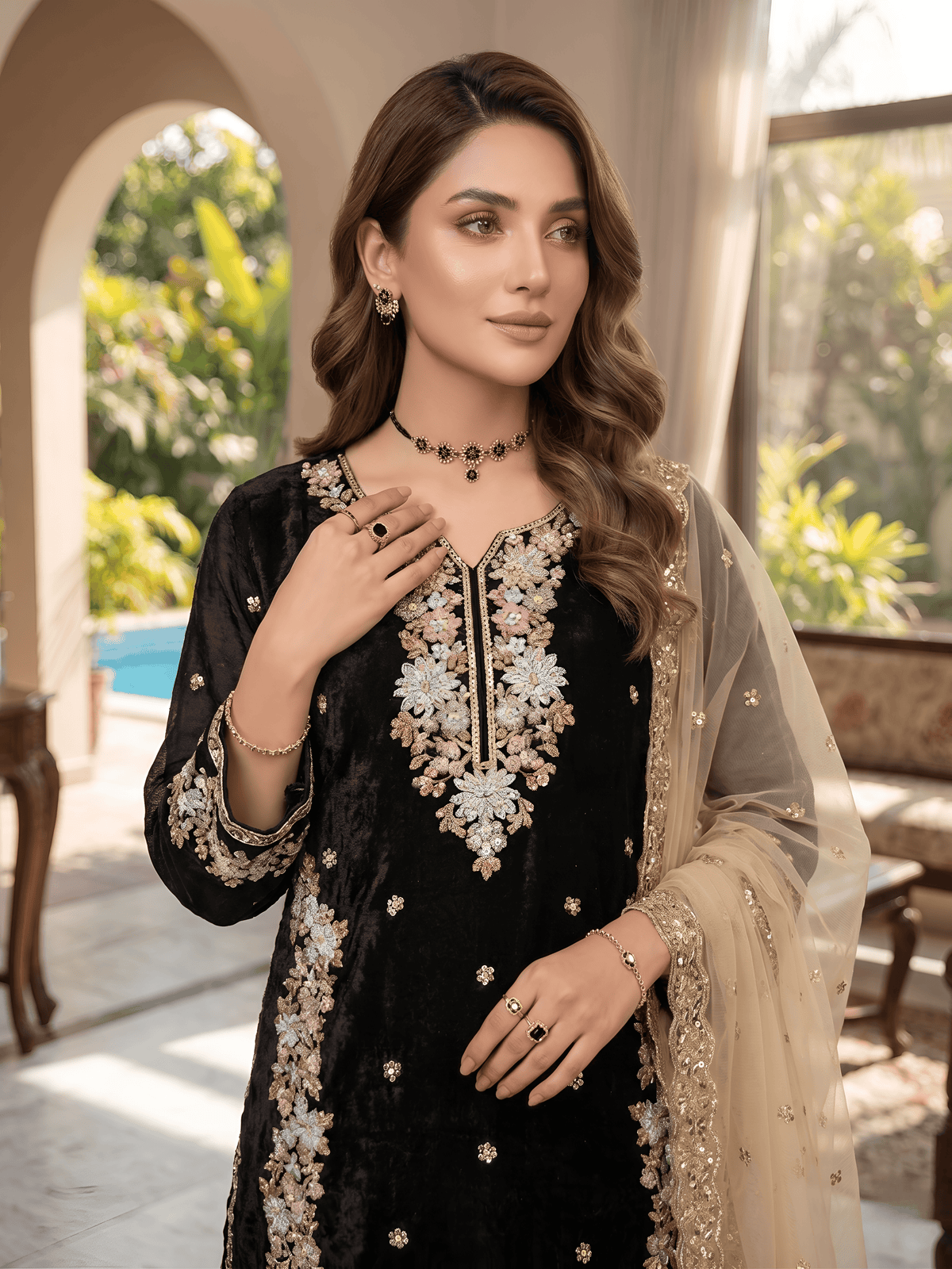 Fendi Silk Embroidered Designer Kurta Pant Set with Dupatta for Women
