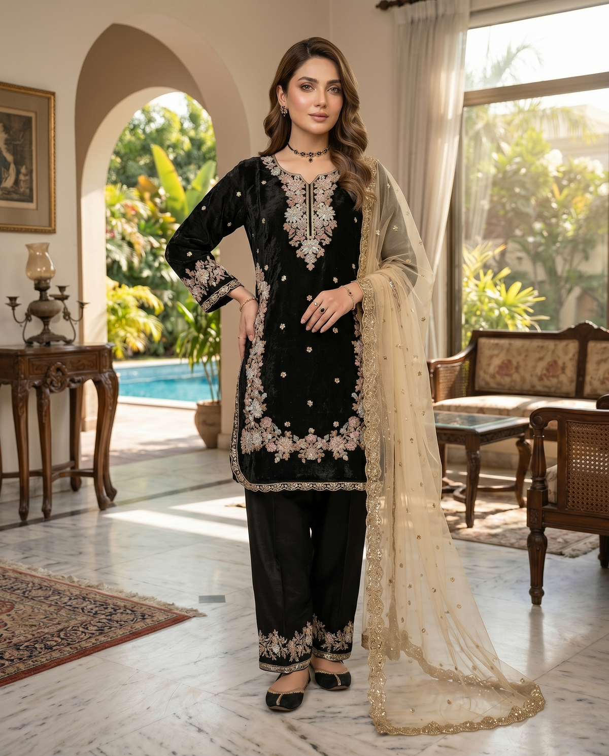 Fendi Silk Embroidered Designer Kurta Pant Set with Dupatta for Women