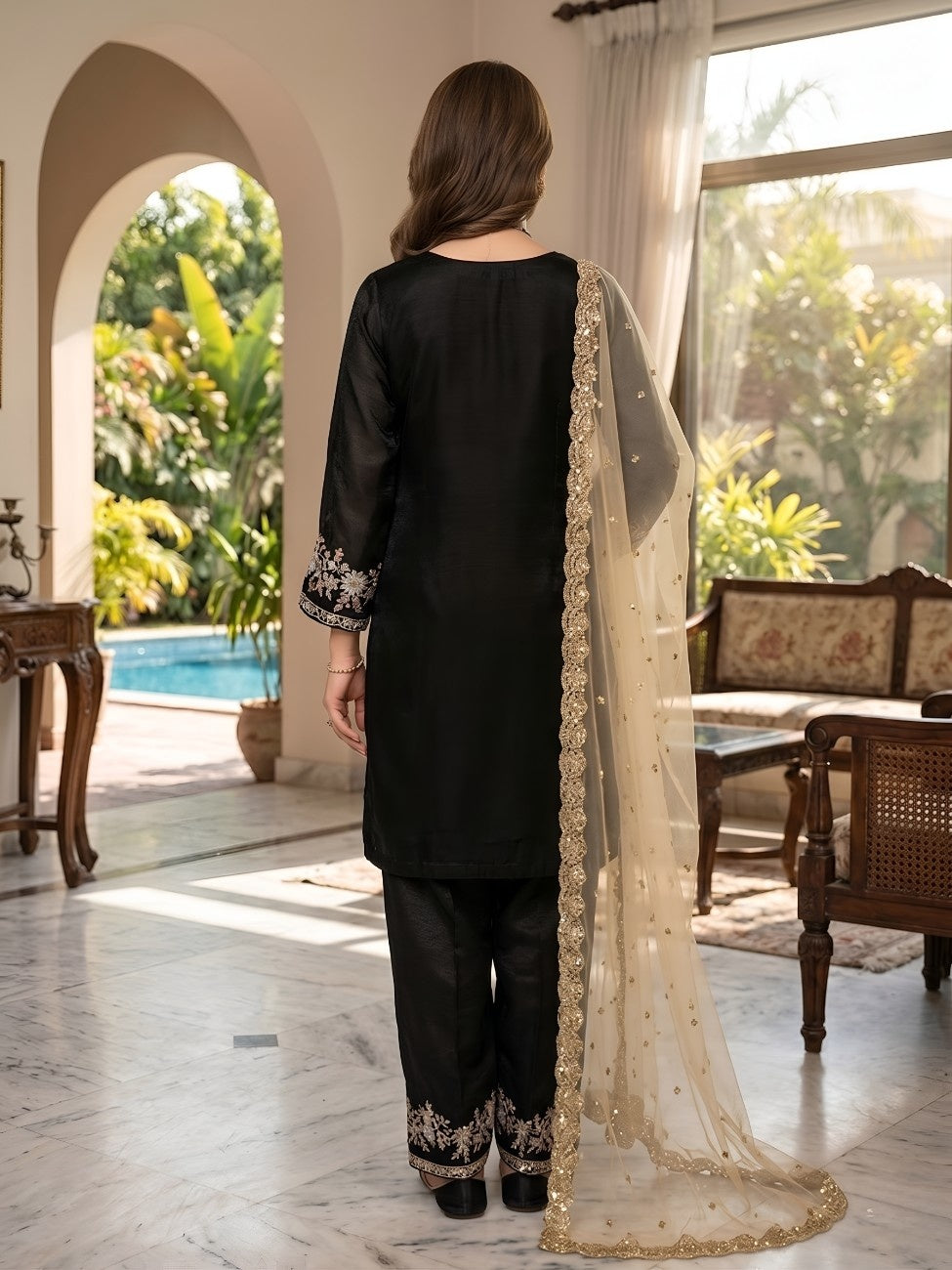 Fendi Silk Embroidered Designer Kurta Pant Set with Dupatta for Women