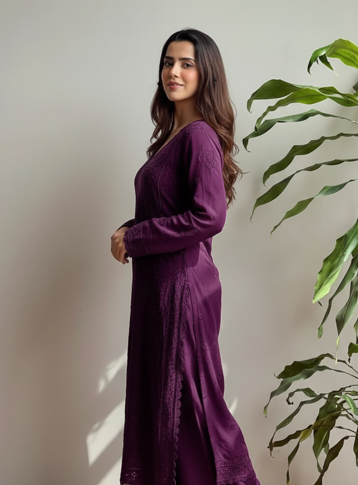 Wine Georgette Chikankari Embroidery Kurta With Pant & Dupatta For Women