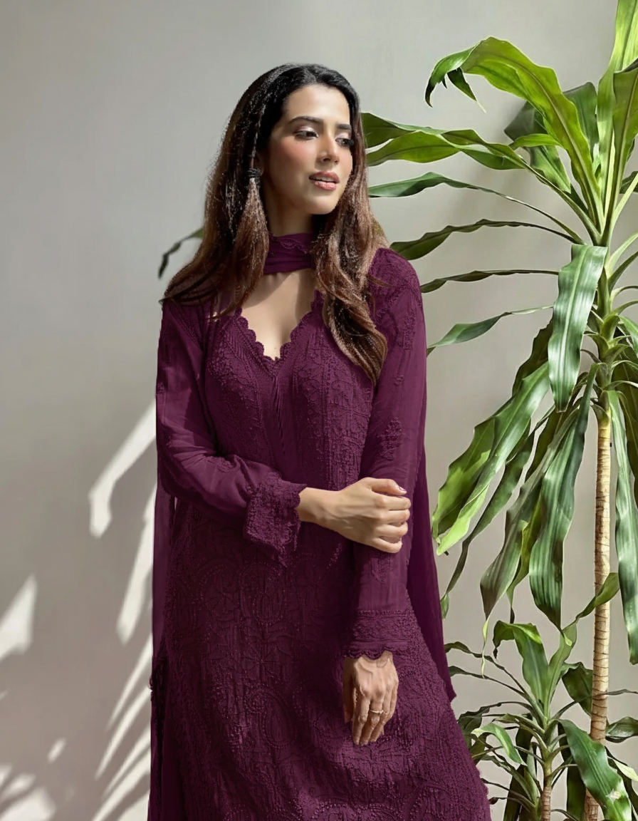 Wine Georgette Chikankari Embroidery Kurta With Pant & Dupatta For Women