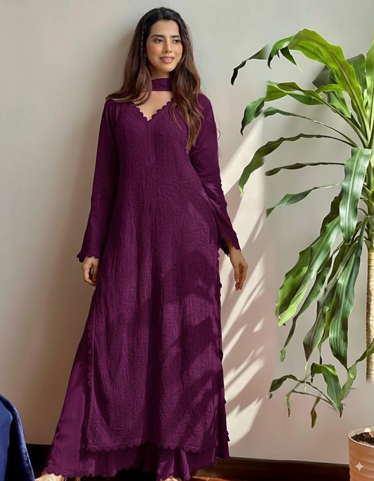 Wine Georgette Chikankari Embroidery Kurta With Pant & Dupatta For Women