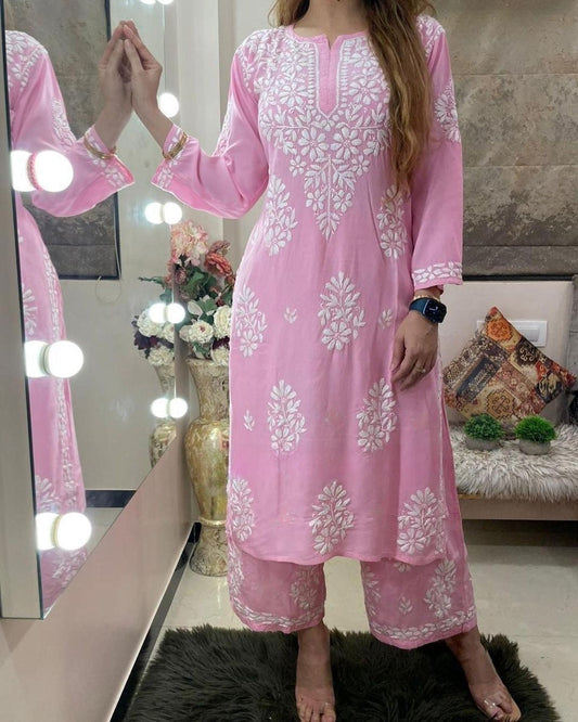 Rayon Cotton Chikankari Embroidery Kurta With Palazzo For Women