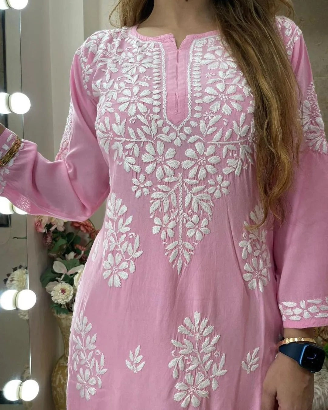 Rayon Cotton Chikankari Embroidery Kurta With Palazzo For Women
