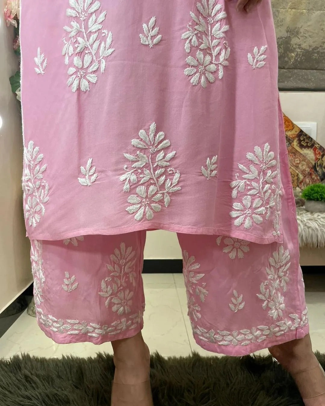 Rayon Cotton Chikankari Embroidery Kurta With Palazzo For Women
