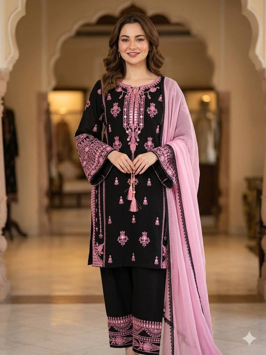 Rayon Embroidered Kurta Palazzo Set with Mirror Effect & Georgette Dupatta for Women