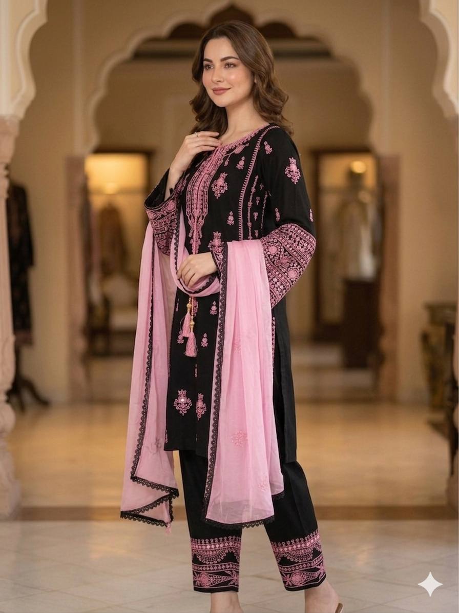 Rayon Embroidered Kurta Palazzo Set with Mirror Effect & Georgette Dupatta for Women