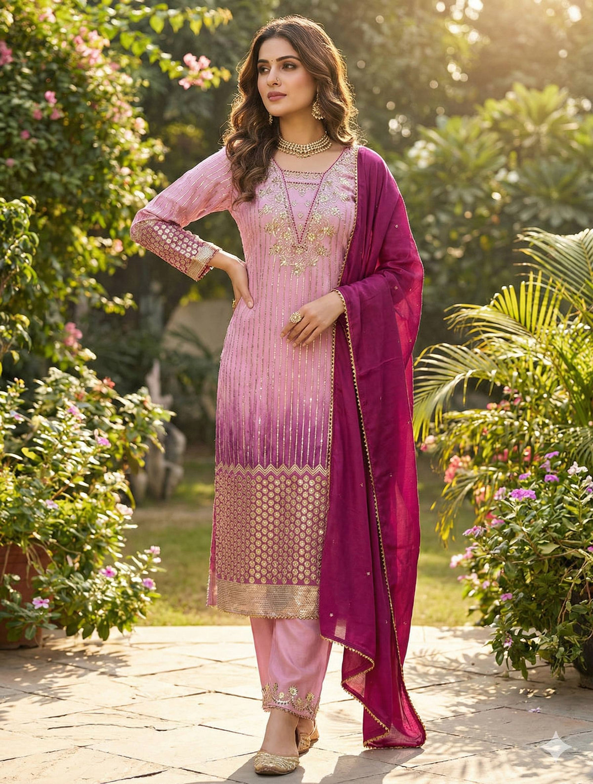 Printed Chinon Kurta with Sequence Embroidery Pant & Dupatta Set for Women
