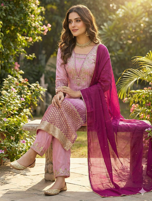 Printed Chinon Kurta with Sequence Embroidery Pant & Dupatta Set for Women