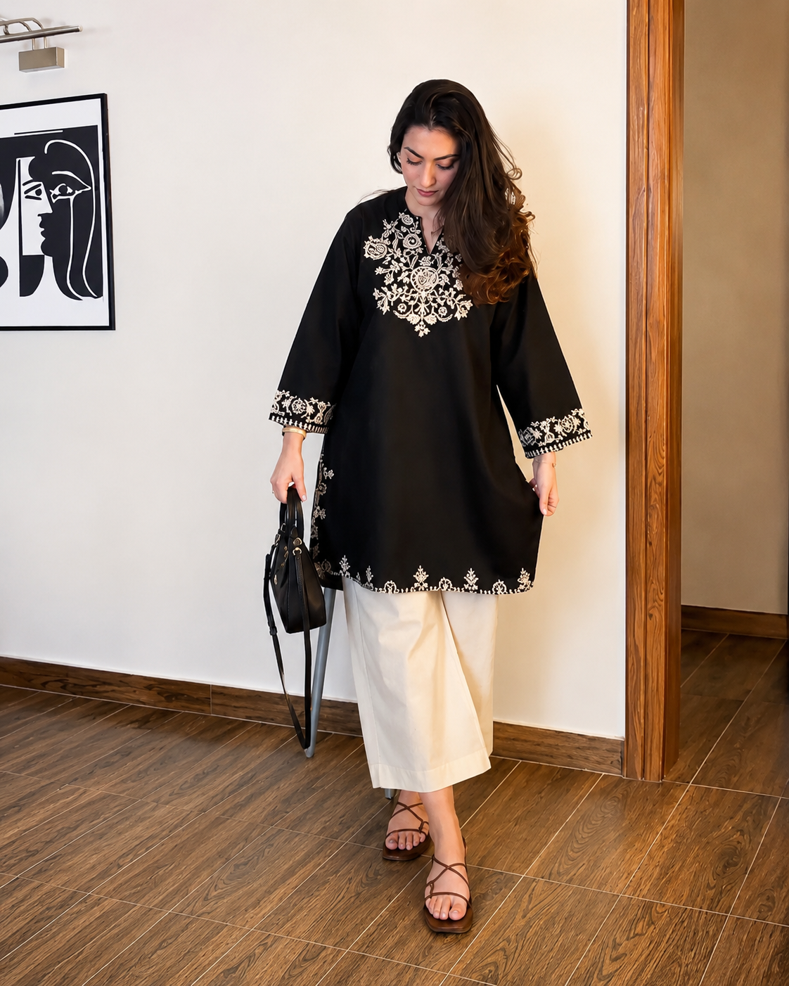 Women's Jet Embroidered Cotton Short Kurti with Straight Pants Co-Ord Set