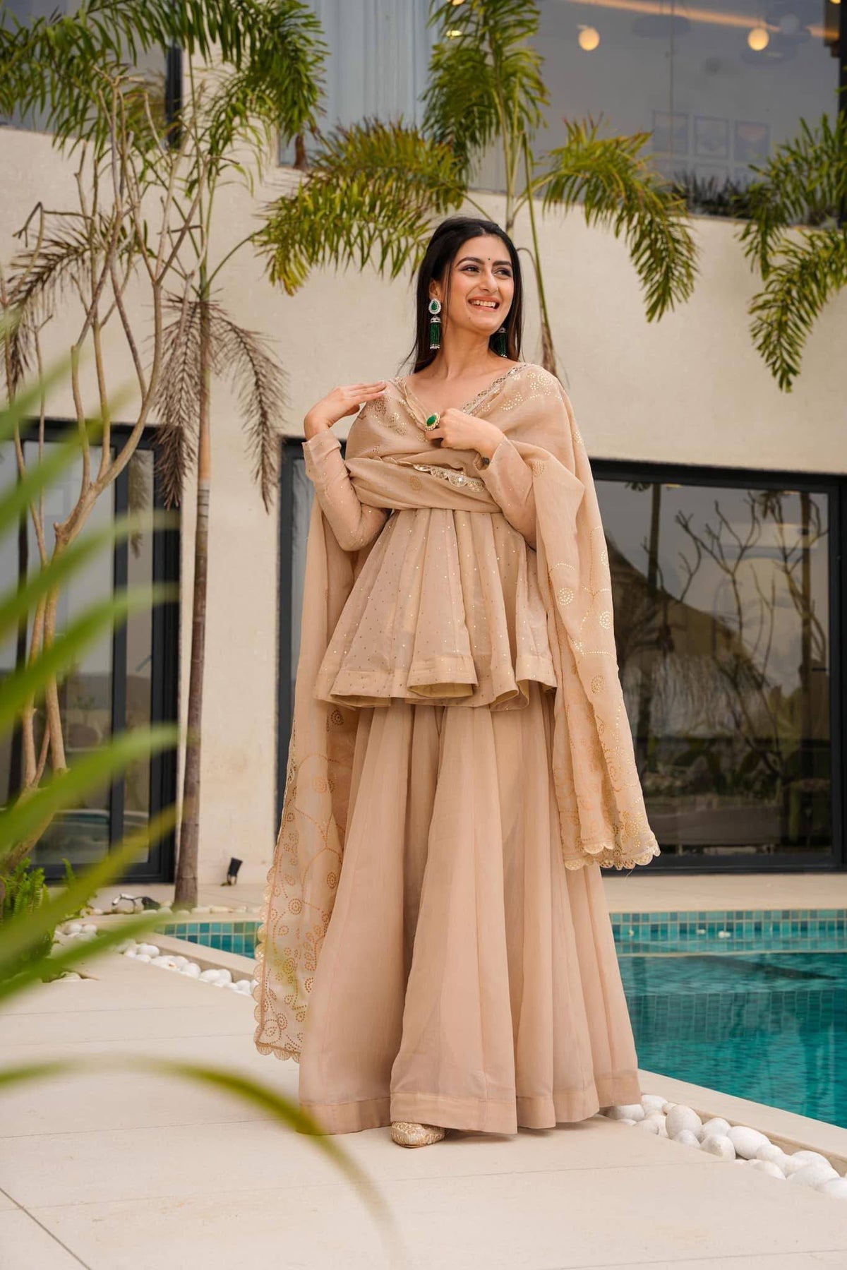 Women's Organza Mukaish Work Sharara Suit Set with Dupatta