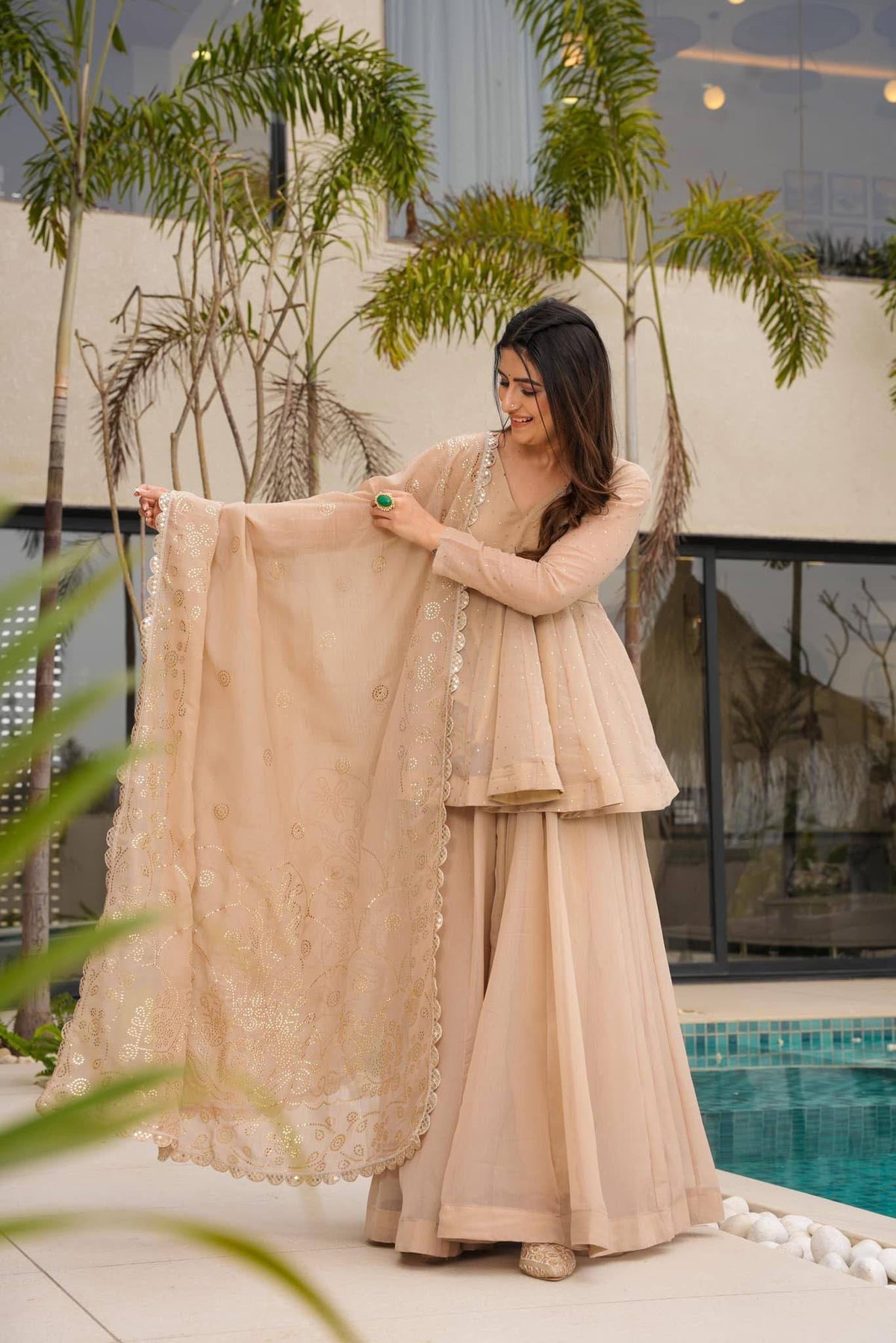 Women's Organza Mukaish Work Sharara Suit Set with Dupatta