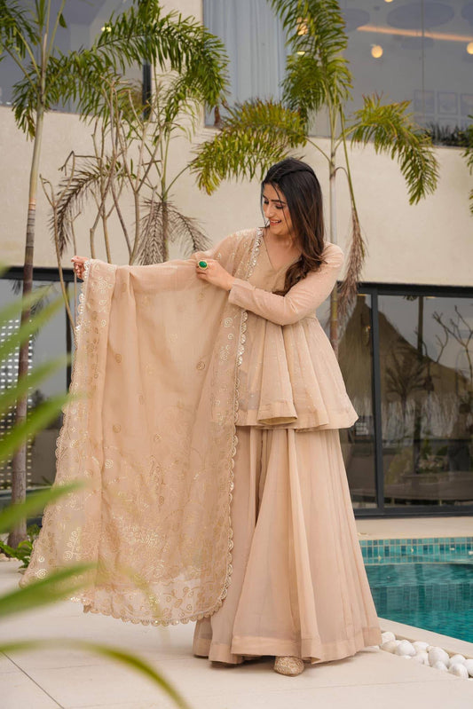 Women's Organza Mukaish Work Sharara Suit Set with Dupatta