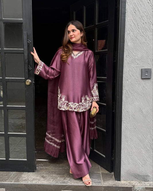 Natural Crepe Silk Embroidered Kurta with Farshi Pant & Dupatta Set for Women
