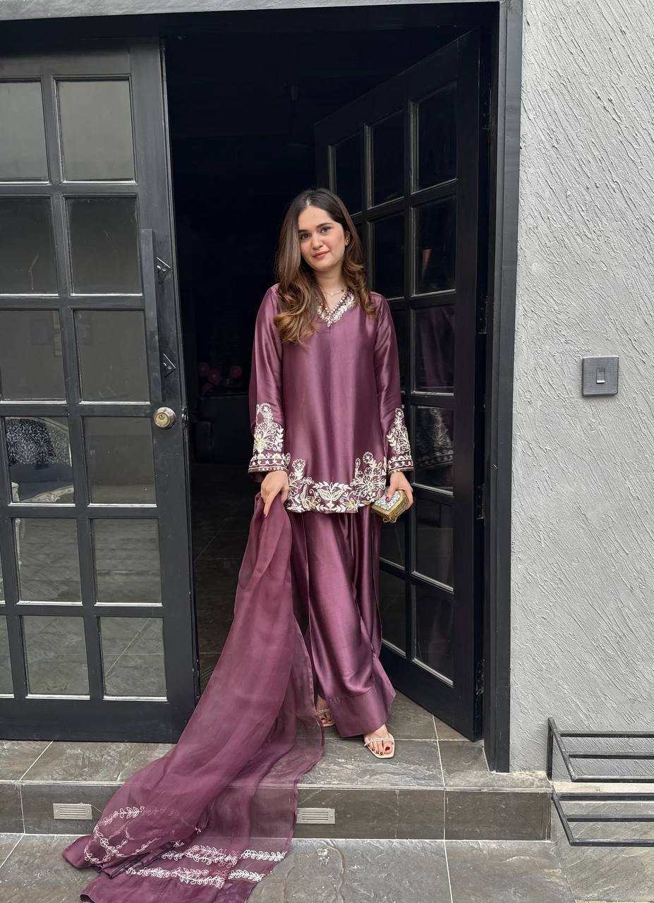 Natural Crepe Silk Embroidered Kurta with Farshi Pant & Dupatta Set for Women