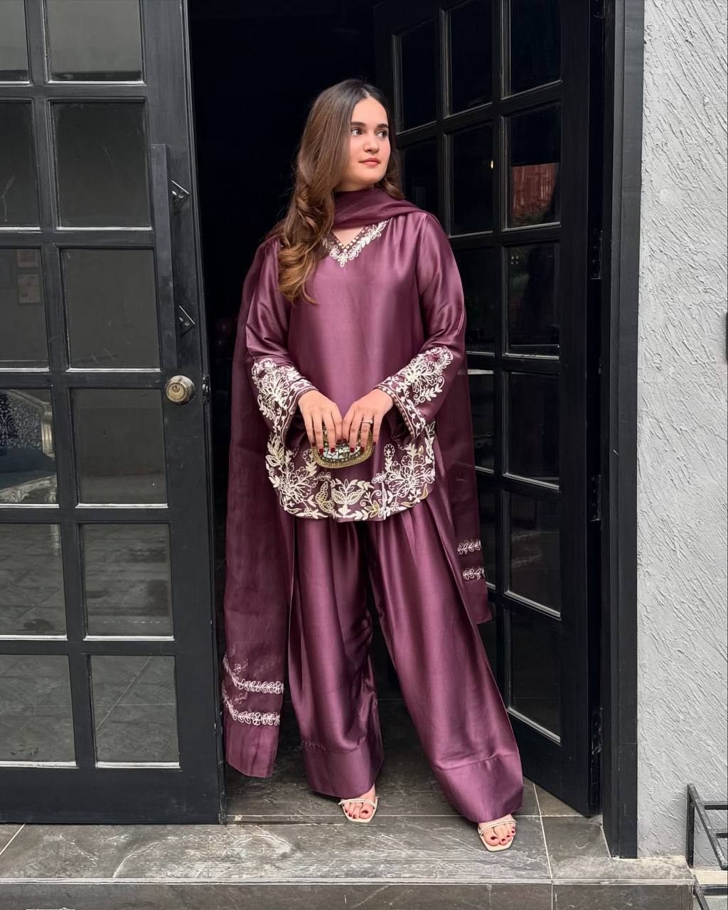 Natural Crepe Silk Embroidered Kurta with Farshi Pant & Dupatta Set for Women