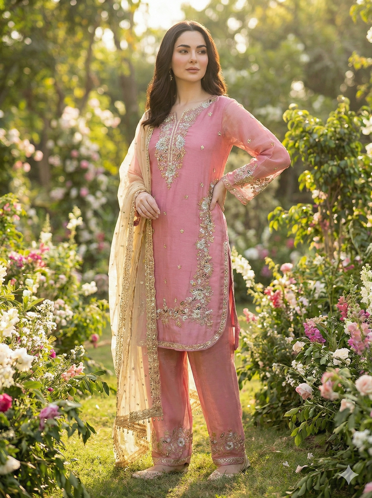 Fendi Silk Embroidered Kurta Pant Dupatta Set for Women