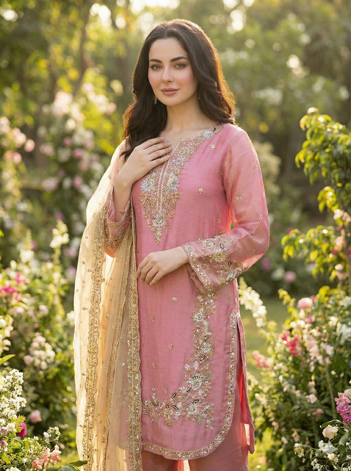 Fendi Silk Embroidered Kurta Pant Dupatta Set for Women