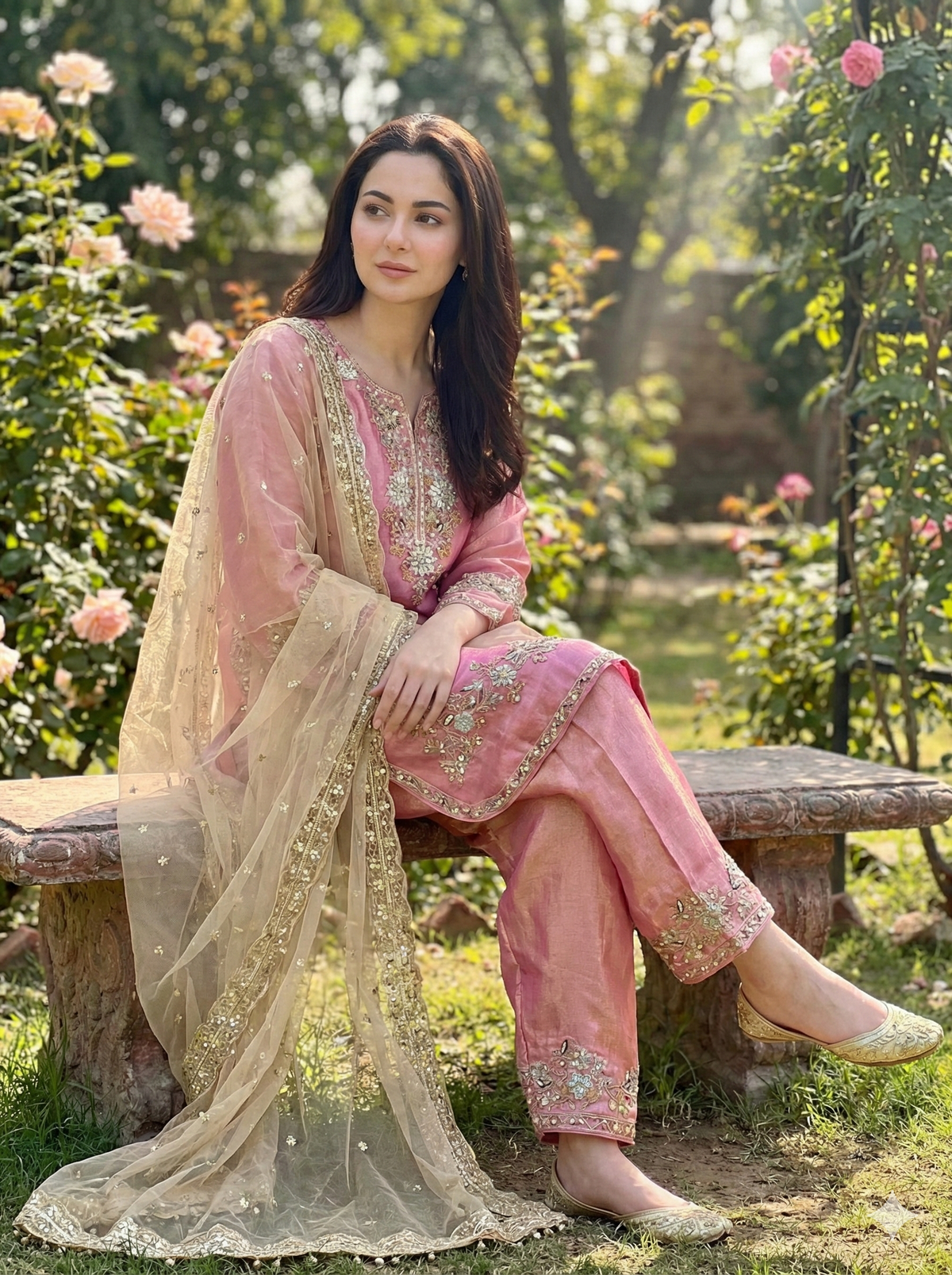 Fendi Silk Embroidered Kurta Pant Dupatta Set for Women