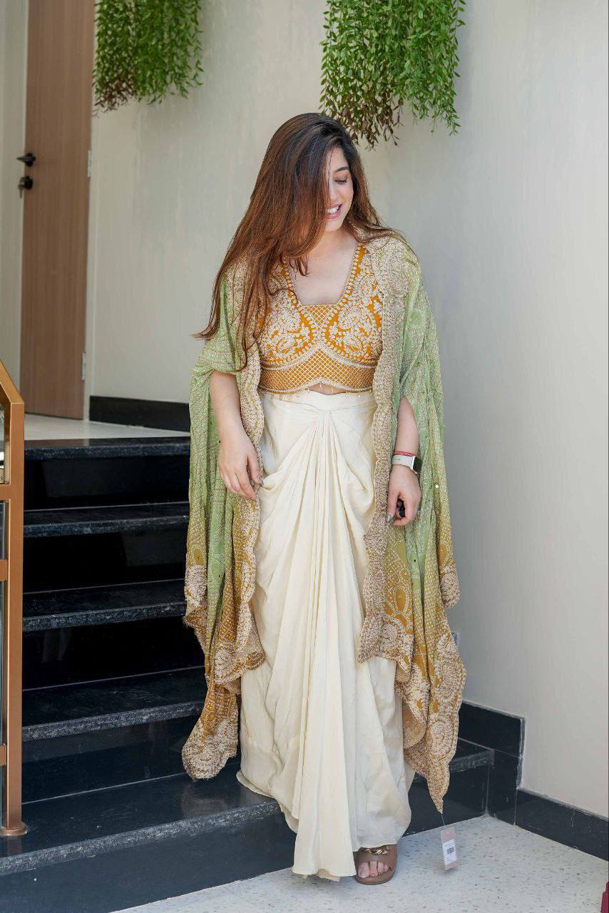 Women's Mustard Yellow Bandhani Dhoti Set with Shrug