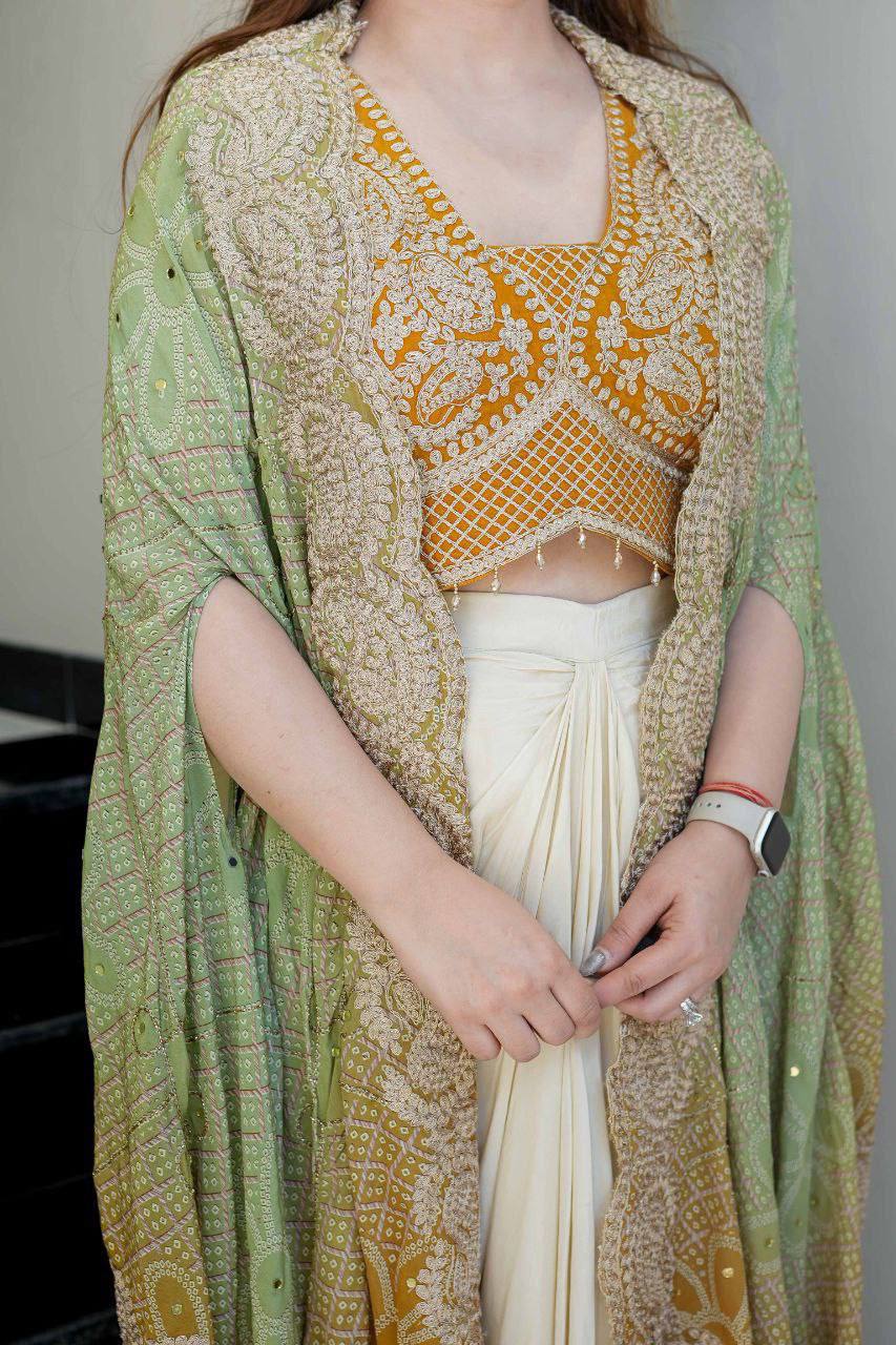 Women's Mustard Yellow Bandhani Dhoti Set with Shrug