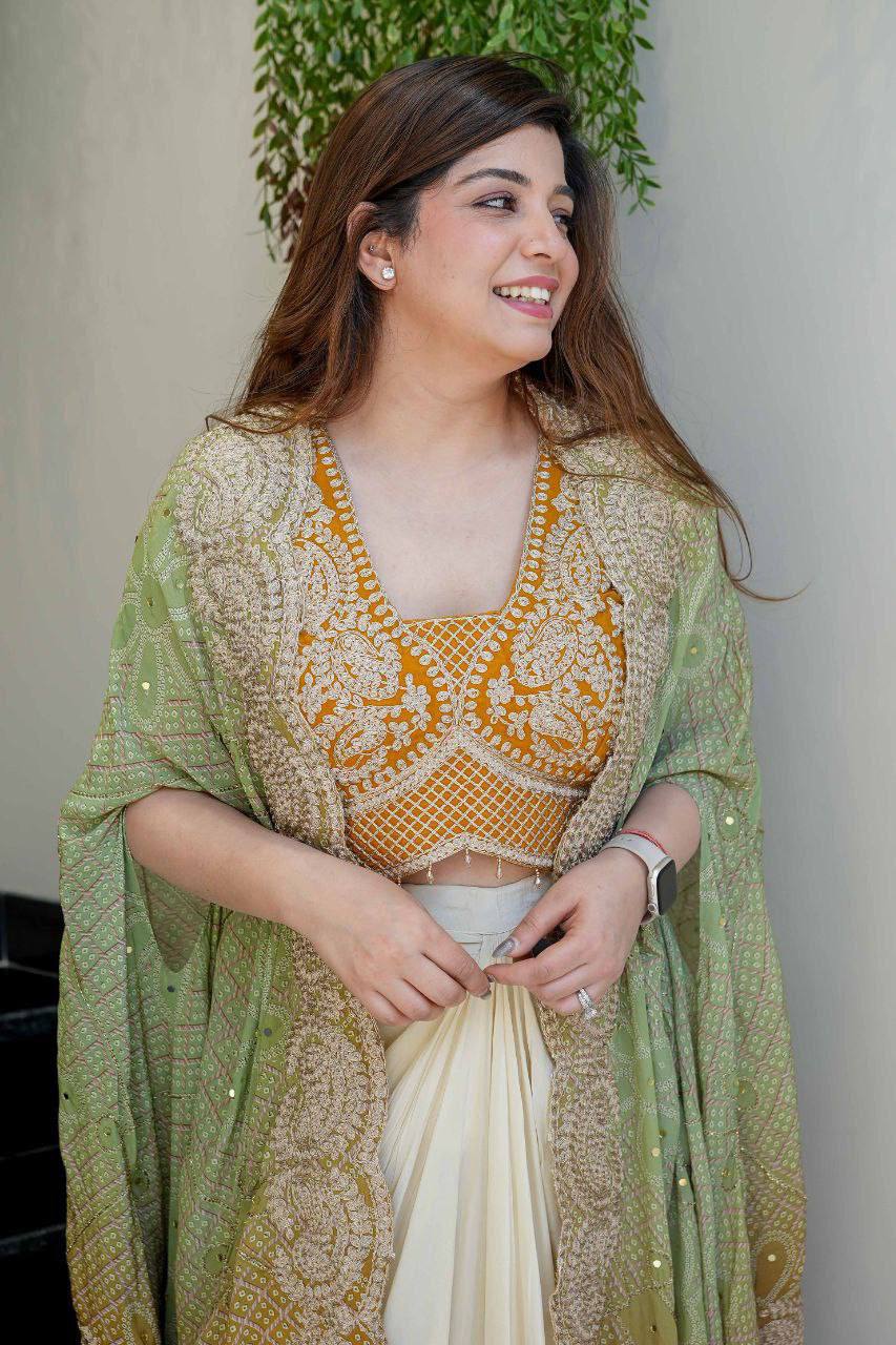 Women's Mustard Yellow Bandhani Dhoti Set with Shrug