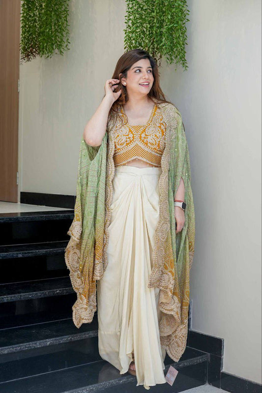 Women's Mustard Yellow Bandhani Dhoti Set with Shrug