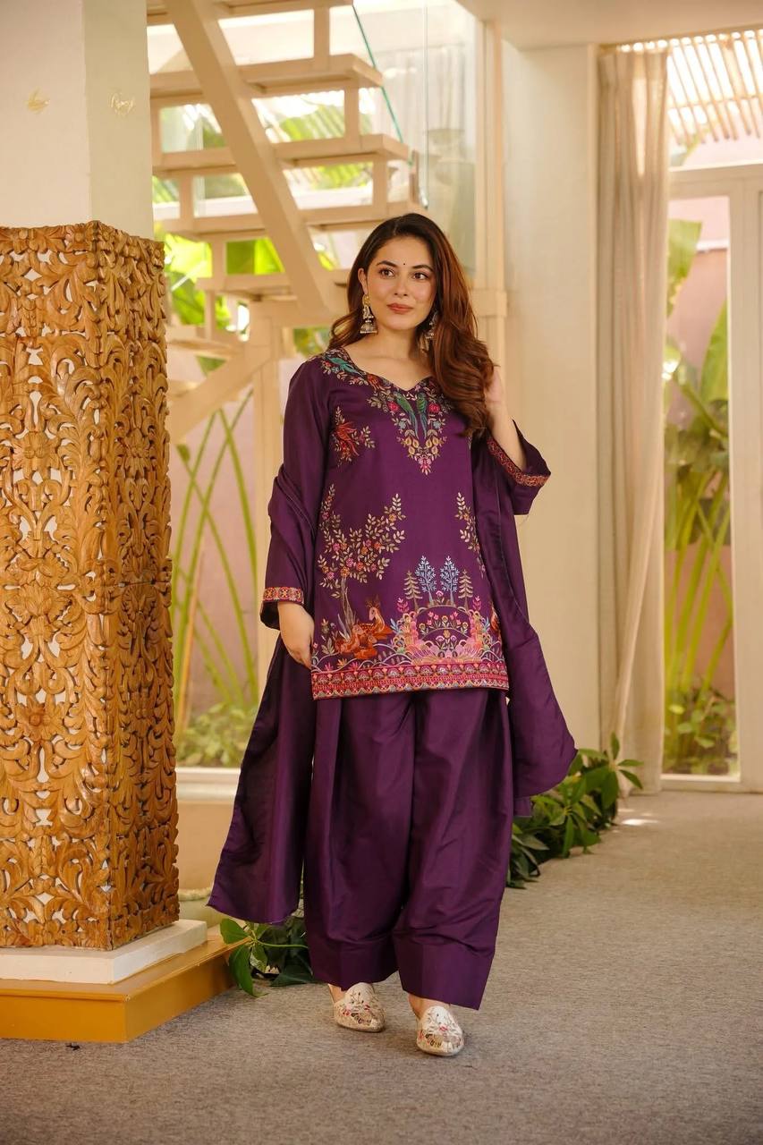 Plum Heavy Rayon Designer Farshi Palazzo Suit Set with Thread Work for Women