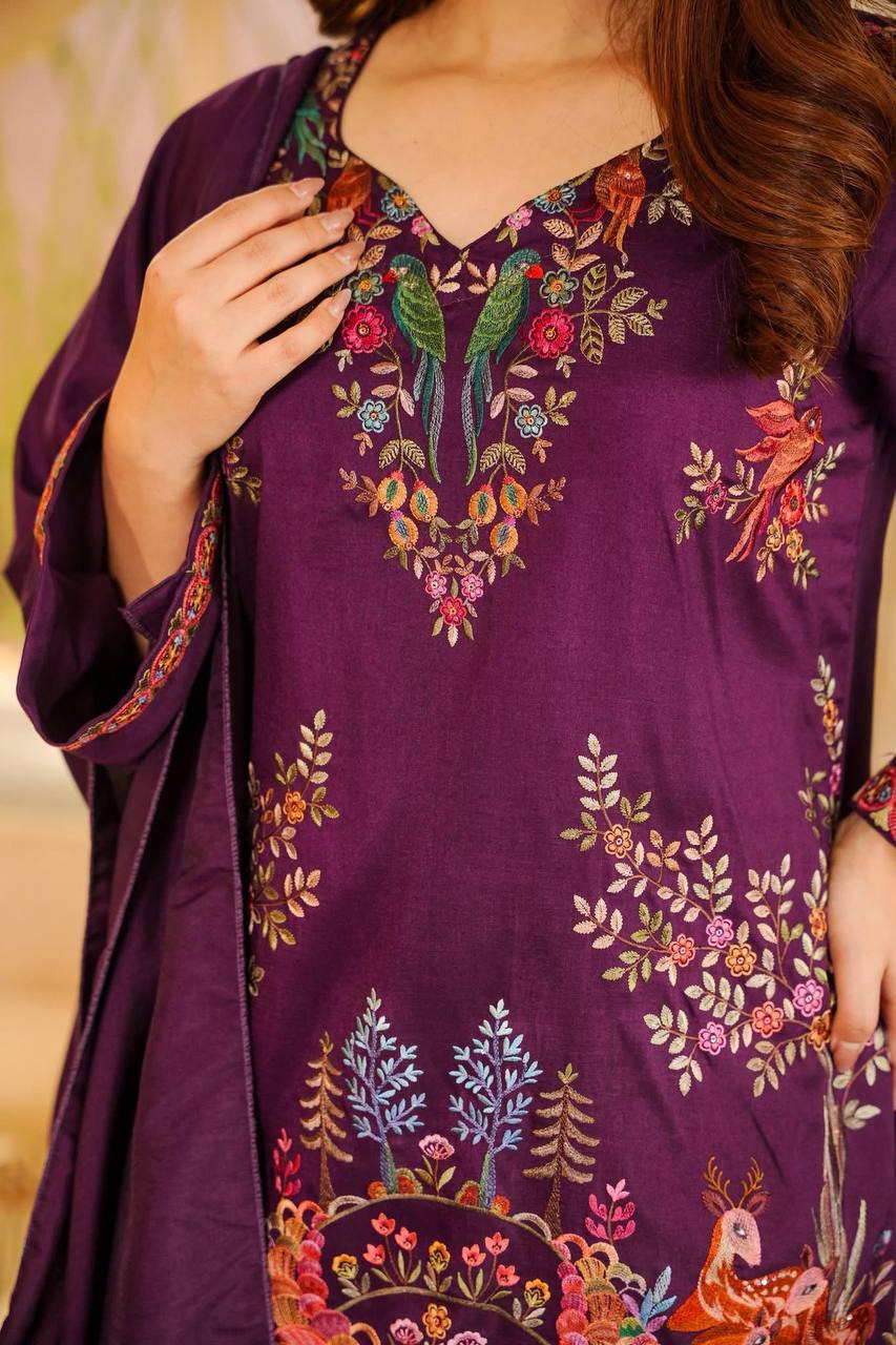 Plum Heavy Rayon Designer Farshi Palazzo Suit Set with Thread Work for Women