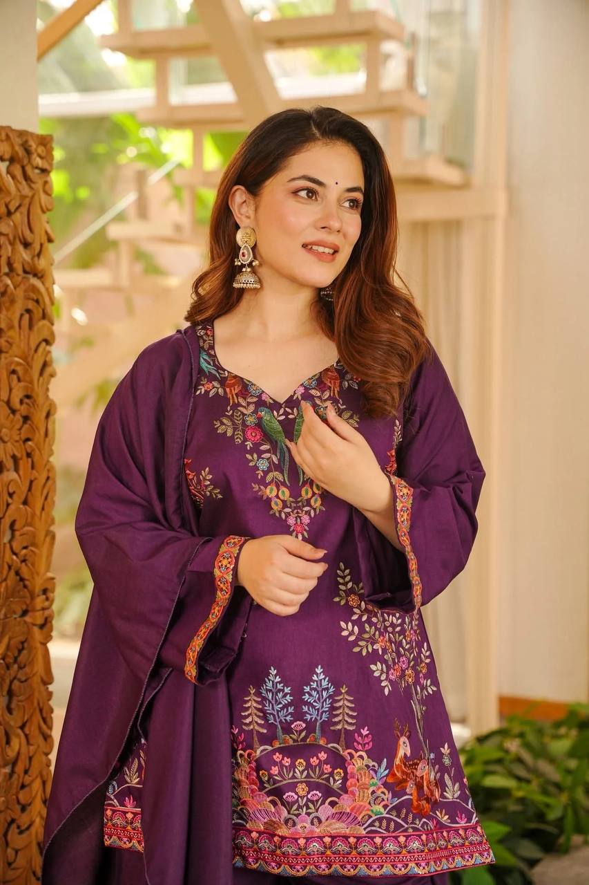 Plum Heavy Rayon Designer Farshi Palazzo Suit Set with Thread Work for Women