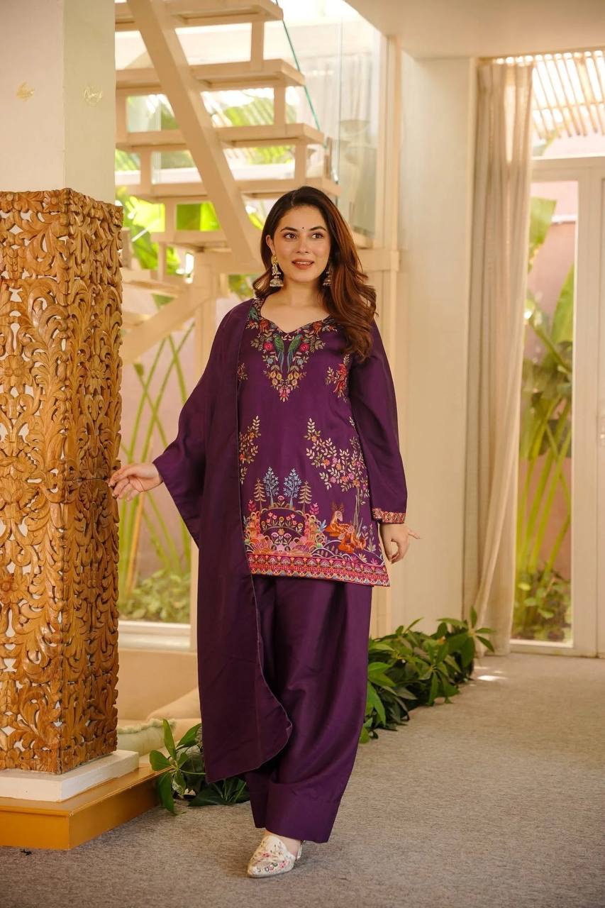 Plum Heavy Rayon Designer Farshi Palazzo Suit Set with Thread Work for Women
