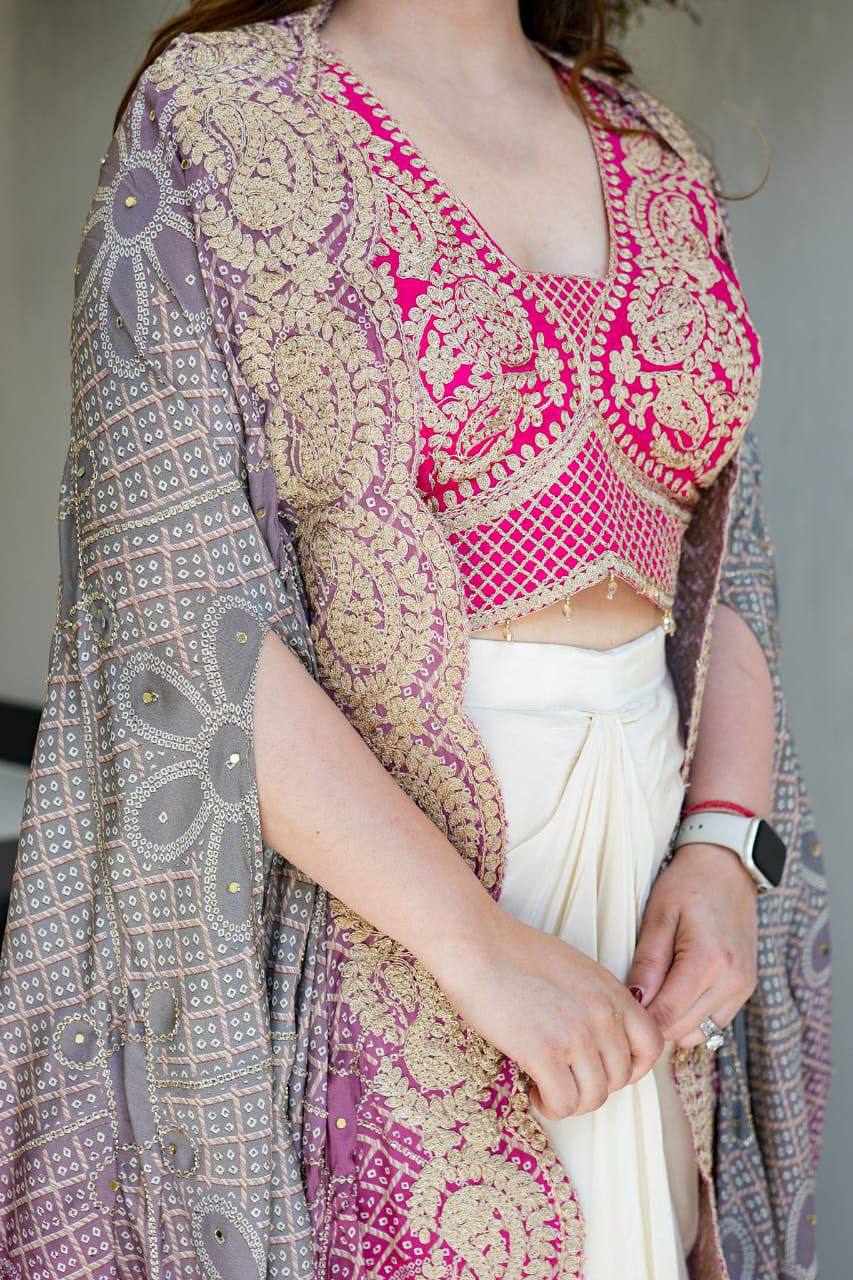 Indowestern Three Piece Dhoti Set with Bandhani Print Shrug for Women
