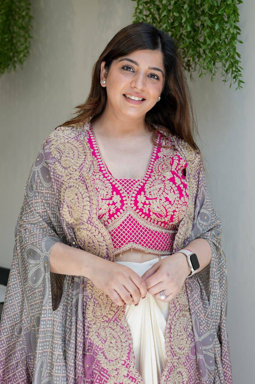 Indowestern Three Piece Dhoti Set with Bandhani Print Shrug for Women