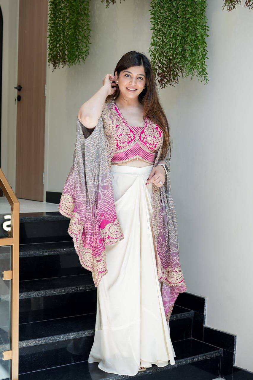 Indowestern Three Piece Dhoti Set with Bandhani Print Shrug for Women