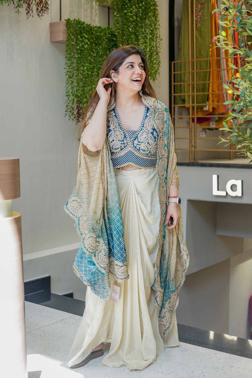 Indowestern Dhoti Set with Bandhani Print Shrug for Women