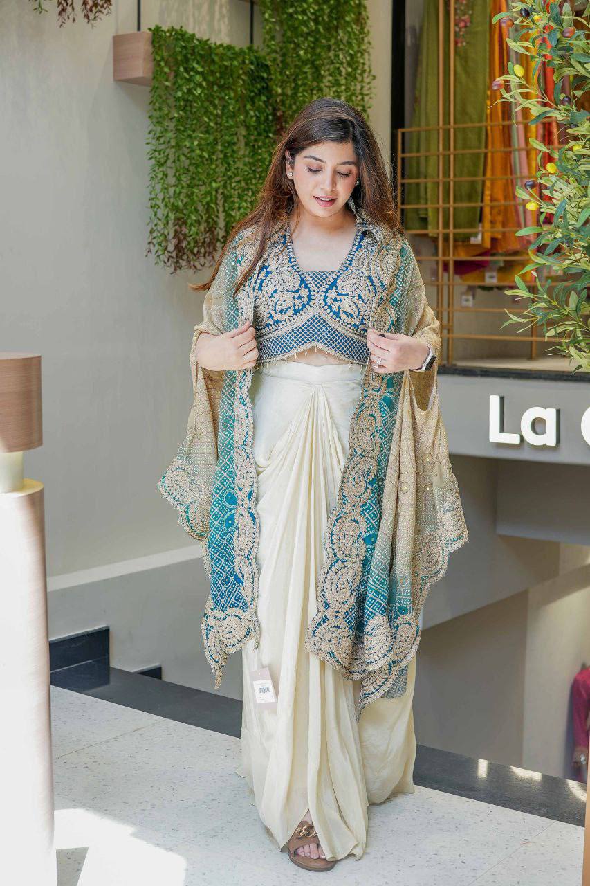 Indowestern Dhoti Set with Bandhani Print Shrug for Women