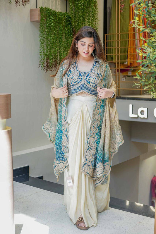 Indowestern Dhoti Set with Bandhani Print Shrug for Women