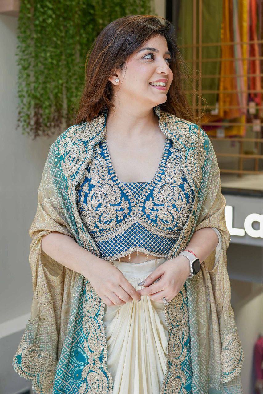 Indowestern Dhoti Set with Bandhani Print Shrug for Women