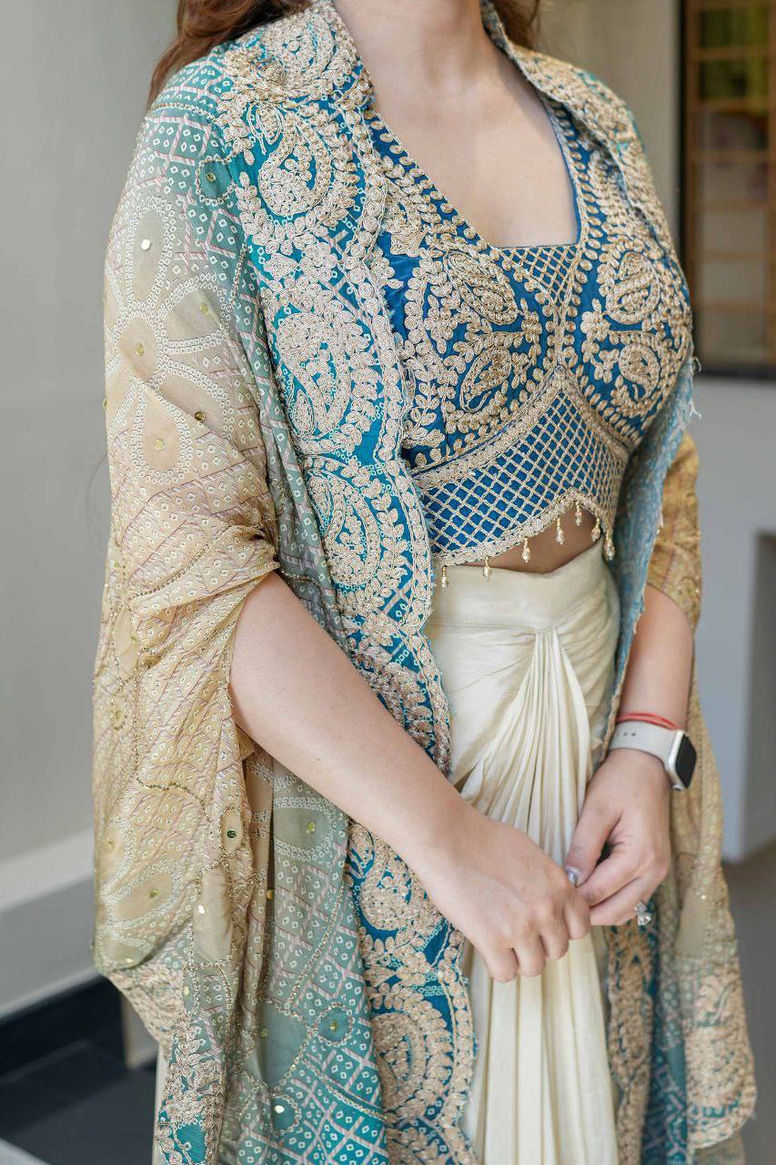 Indowestern Dhoti Set with Bandhani Print Shrug for Women