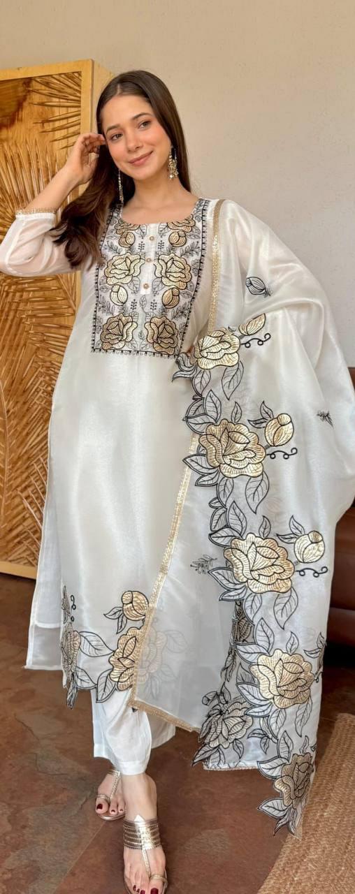 Jimmy Choo Embroidered Cut Work Kurta Pant Dupatta Set for Women